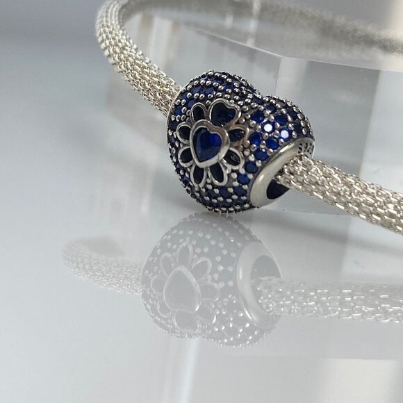 Sterling Silver Blue Pave Heart Flower Charm - Picture 1 of 11